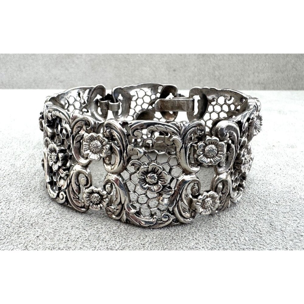 BIG! DANECRAFT STERLING Silver Wide PANEL LINK BRACELET Filigree Flowers 7.25"